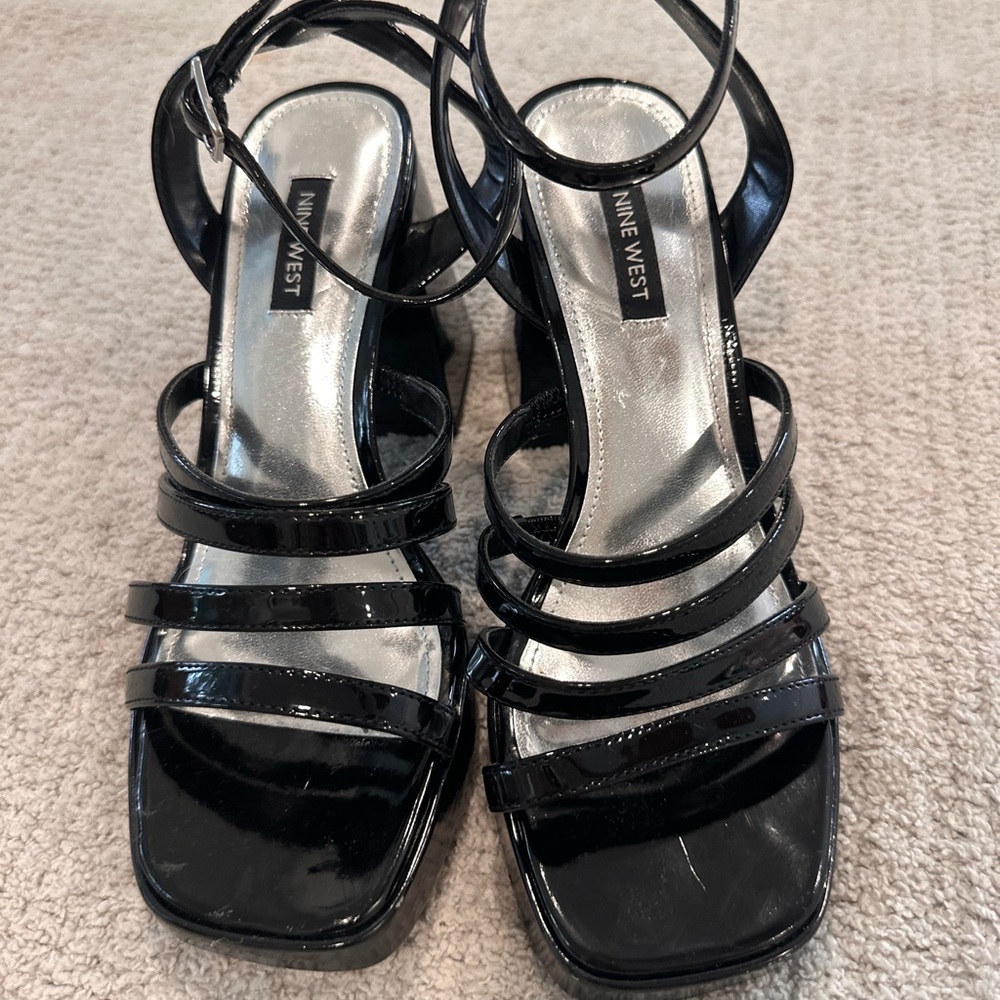 Nine West Glossy Black Strappy Heels
